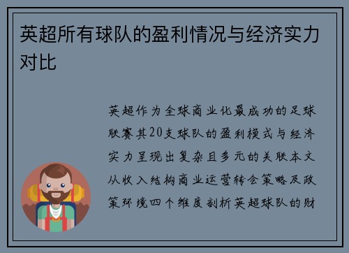 英超所有球队的盈利情况与经济实力对比